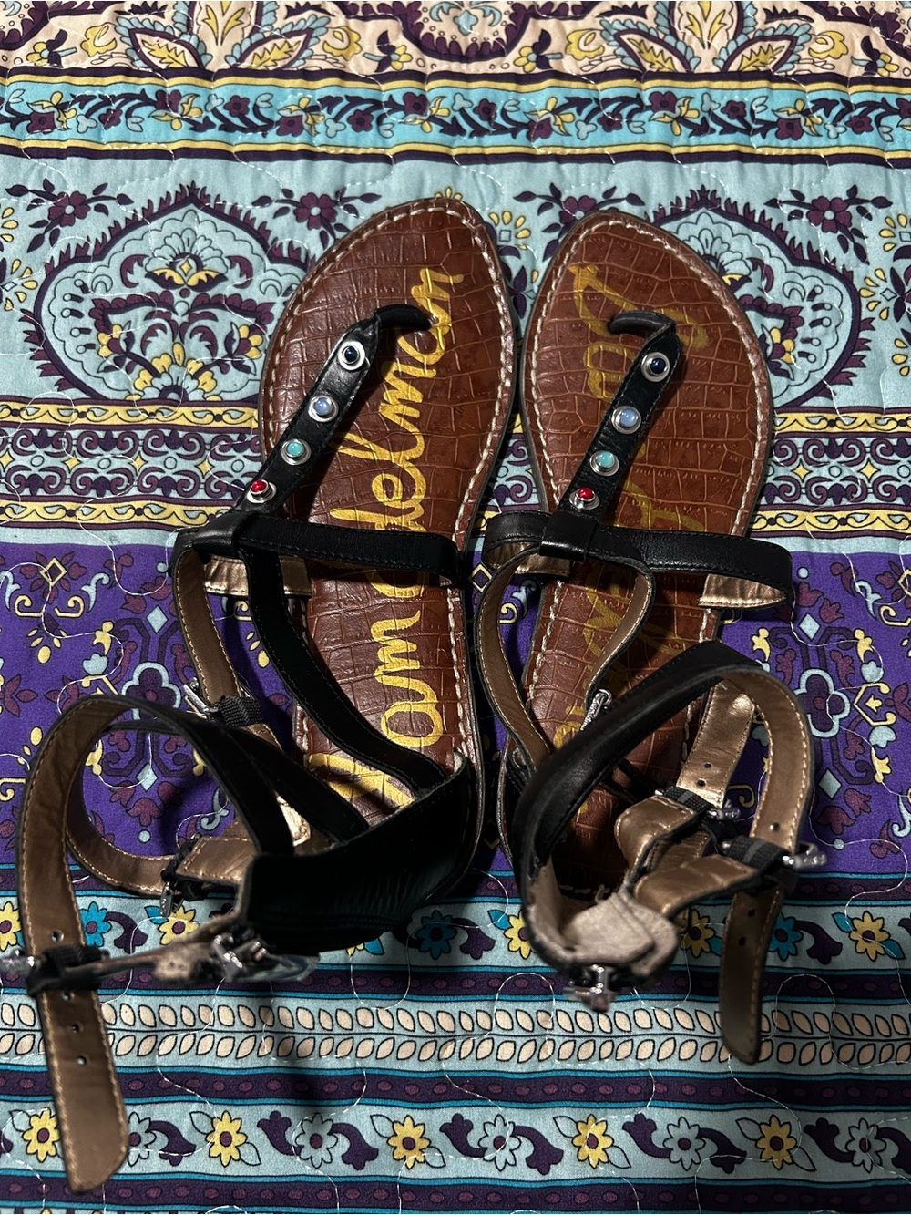 Sam Edelman Black T-Strap Sandals with Multicolored Gem Accents